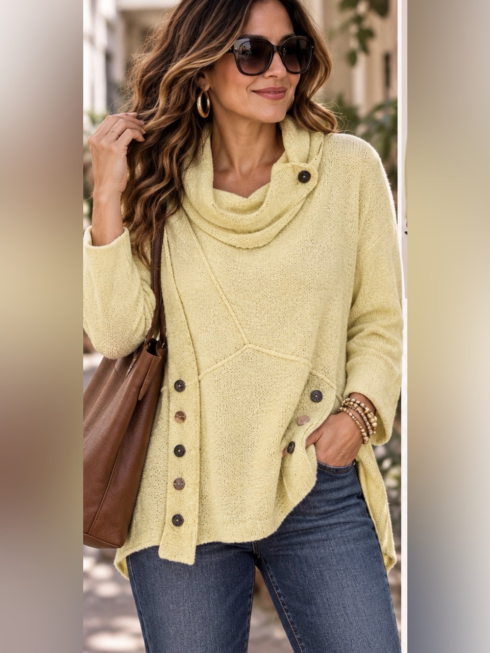 Soft Surroundings XL Yellow Cotton Cowl Neck Button Detail Sweater Tunic